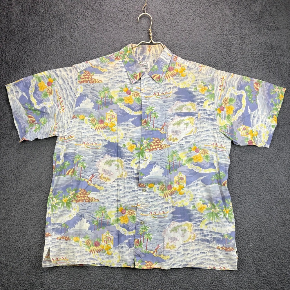 Polo Jeans Co Ralph Lauren Mens Large Blue Hawaiian Aloha Shirt Cotton 12421
